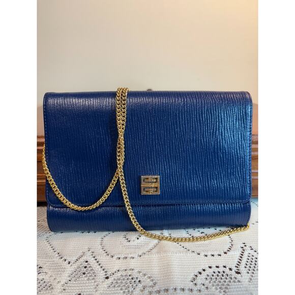 Givenchy Handbags - Givenchy Vintage Navy Blue Textured Leather Crossbody Bag with Gold Chain